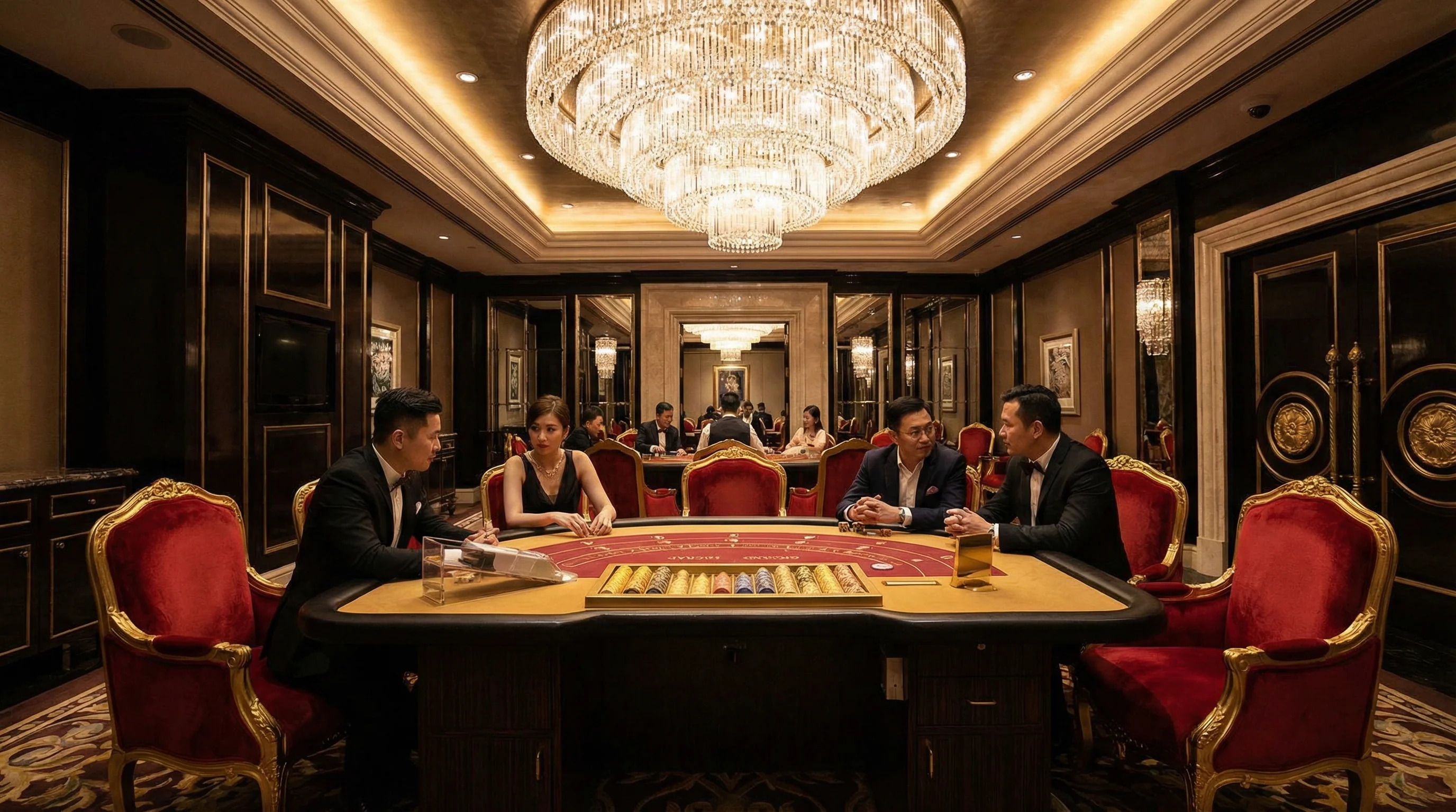 Mesa de bacará VIP con cartas y fichas doradas en ambiente de lujo